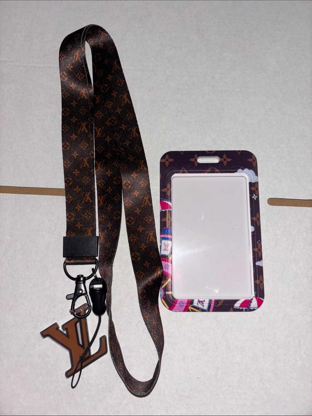 Brand New 100 % Silk  Brown Monogram Lanyard with LV Charm and Card Holder